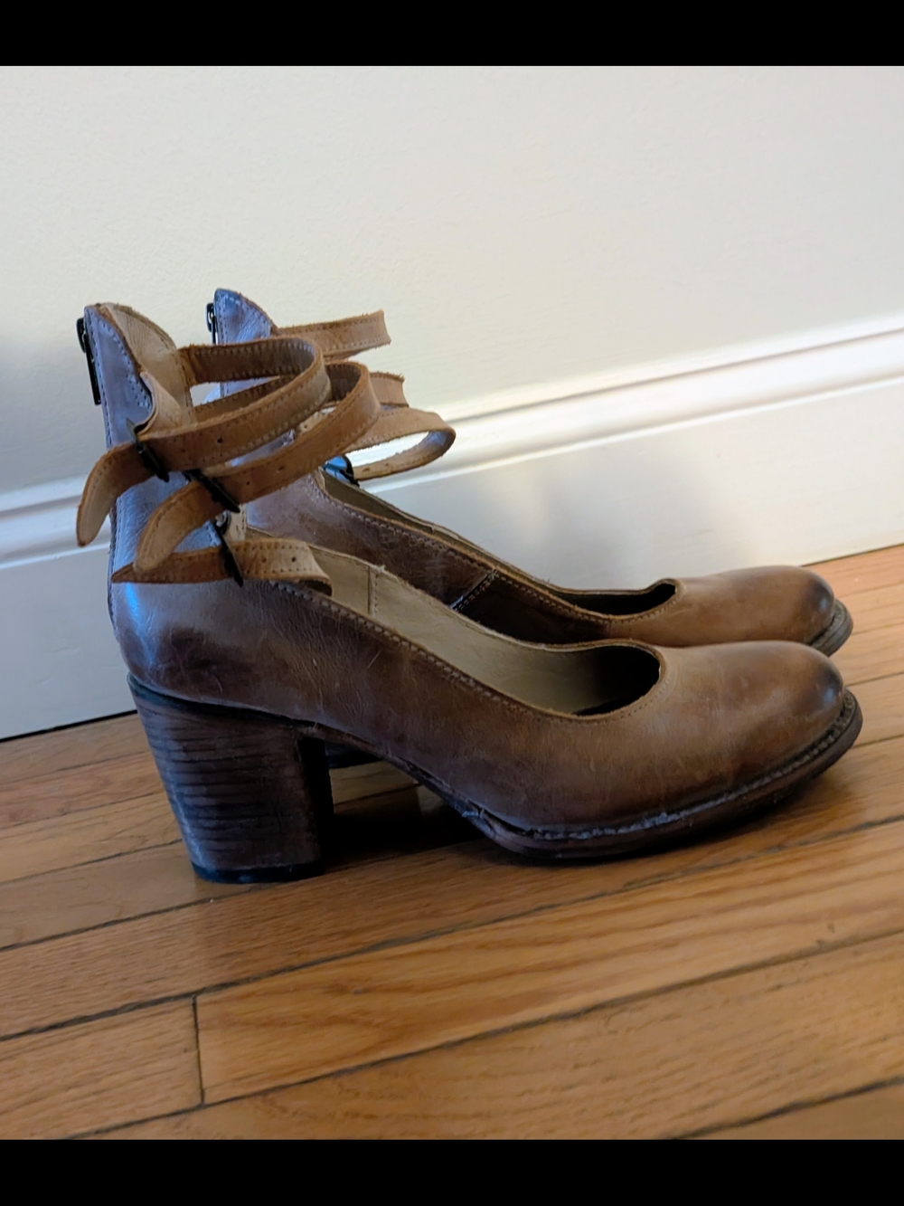 freebird Brown Leather Strappy Block Heel Pumps